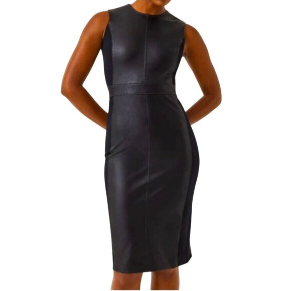 Spanx Leather-Like Combo Sheath Midi Dress Luxe Black Sleeveless Size L - Picture 1 of 13